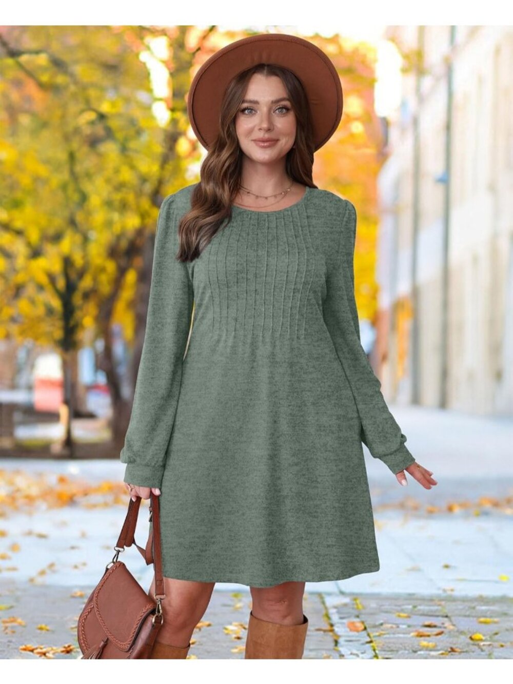 Women's Green Pleated Crew Neck Pockets Fall Baby Doll Sweater Mini Dress - Picture 3 of 5